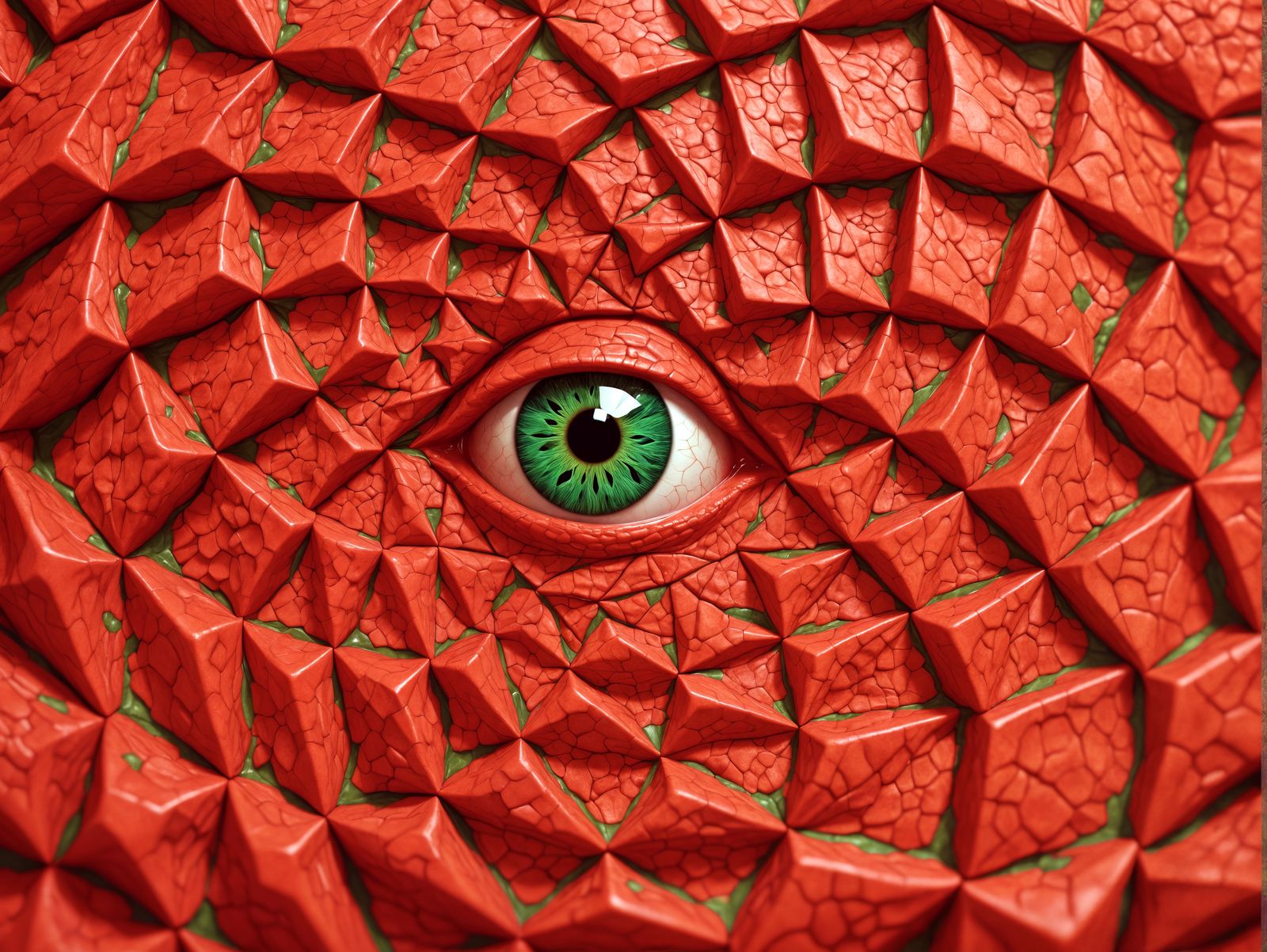 Vibrant Red Tessellations with a Glowing Green Eye