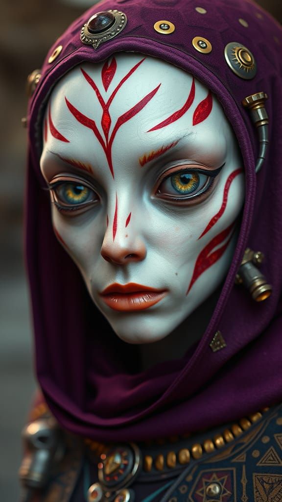 Galactic Warrior in Steampunk Attire with Tribal Markings