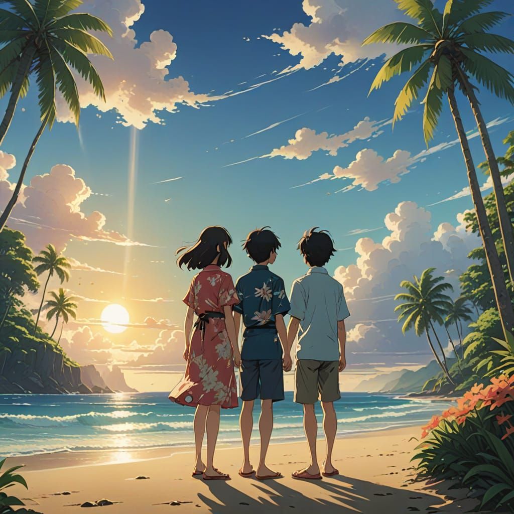 Hawaiian Sunset Scene in Whimsical Anime Style