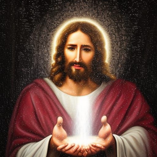 a painting of Jesus pouring out rain upon the earth from His hands