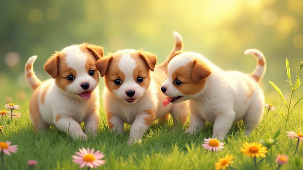 Speckled Puppies Frolic in a Lush Meadow