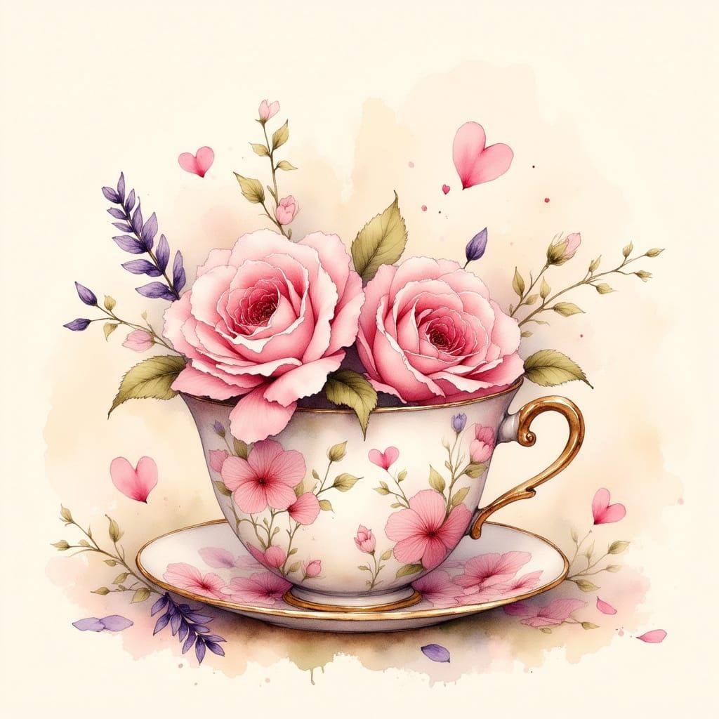 Delicate Cottagecore Teacup Scene with Whimsical Floral Patt...