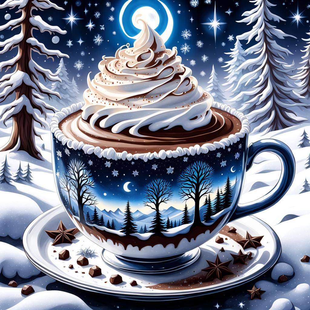 Gothic Winter Hot Chocolate in Watercolor Style