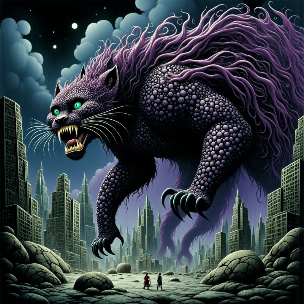 Demonic Feline Rampage in Dystopian City