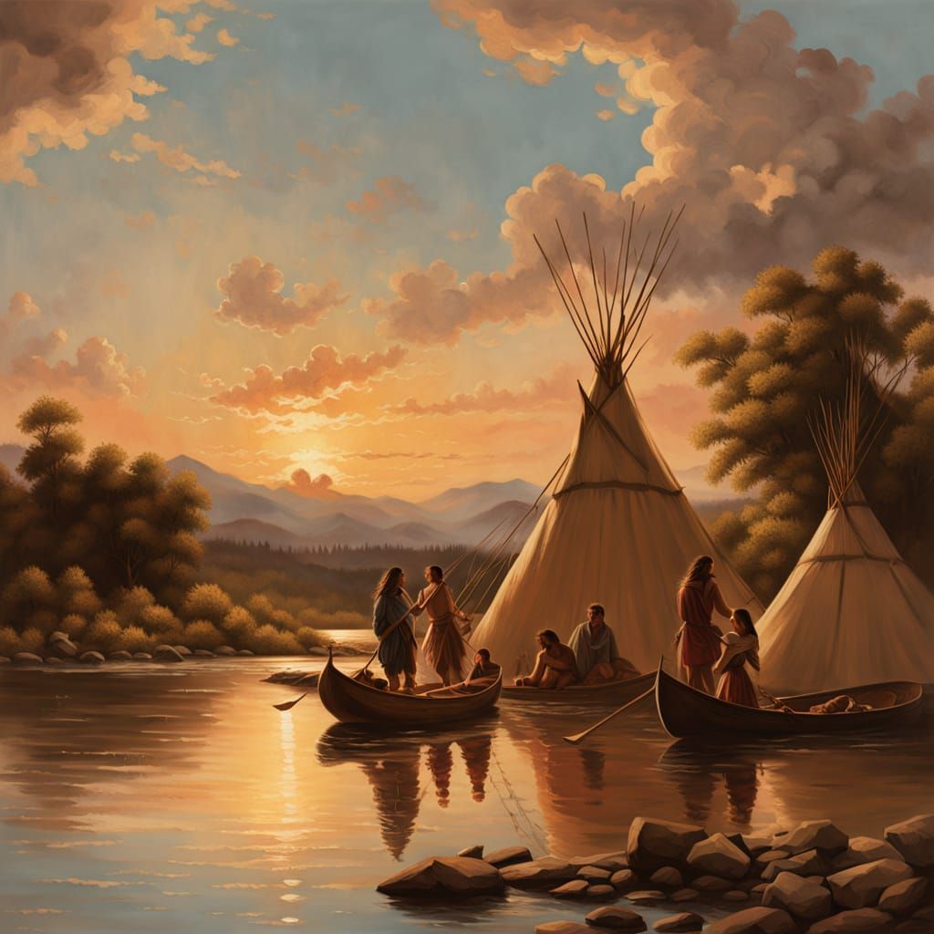 Indian Encampment at North Platte River: 1870s Oil Painting