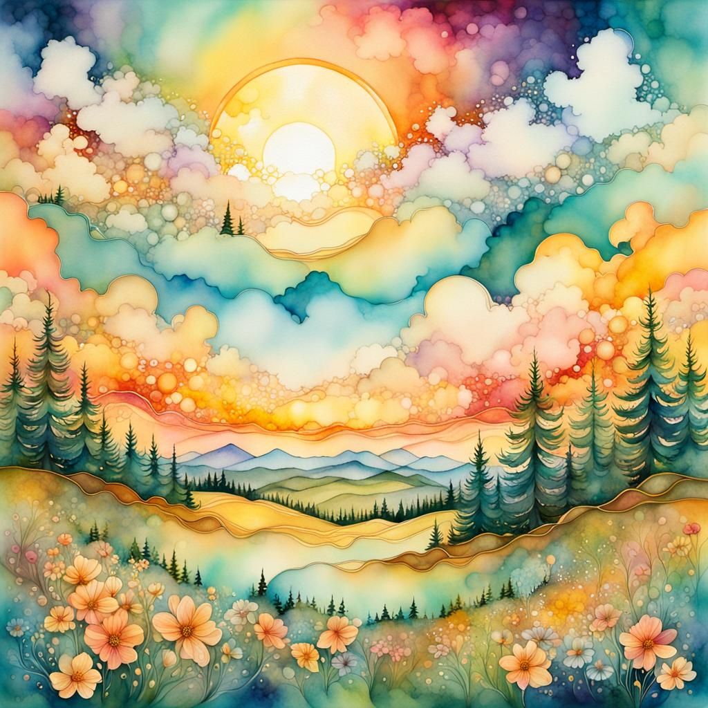 Dual Sun Sunset Over Wildflower Meadow in Watercolour