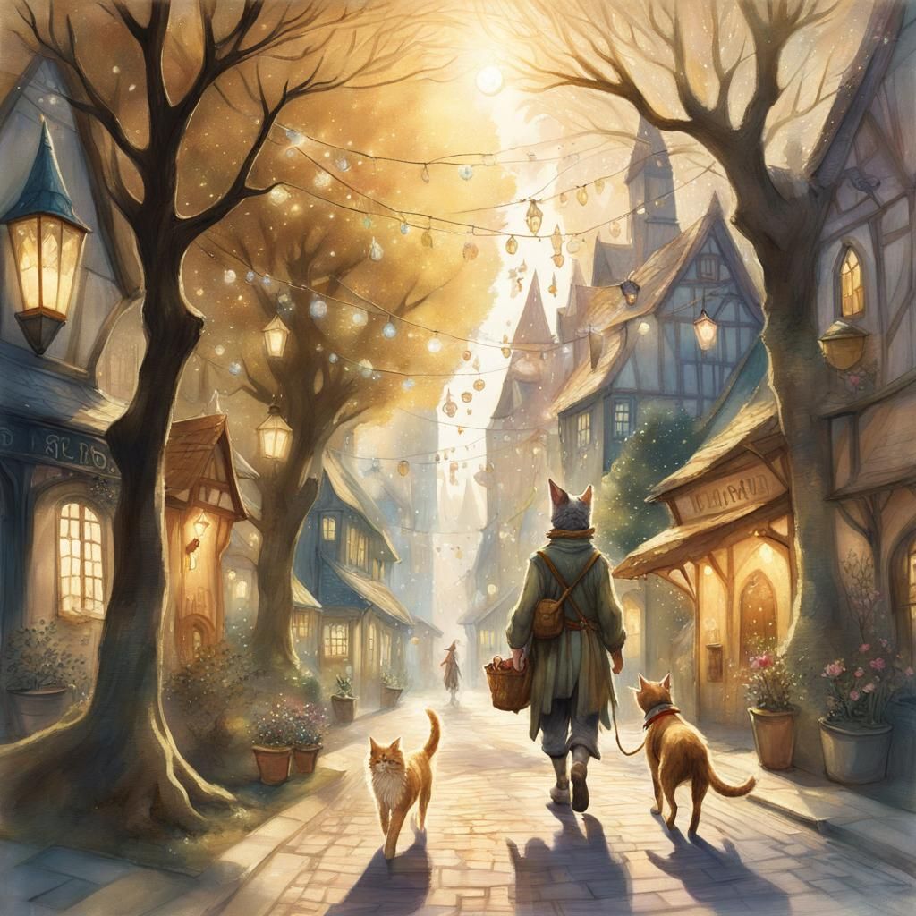 Magical Cat and Dog in Whimsical City