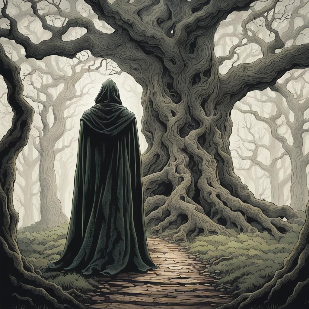 Cloaked Figure Emerges from Ancient Forest Tree