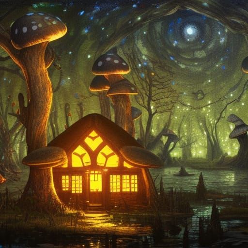 Frog Cottage Under Starry Night: Dark Fantasy Art