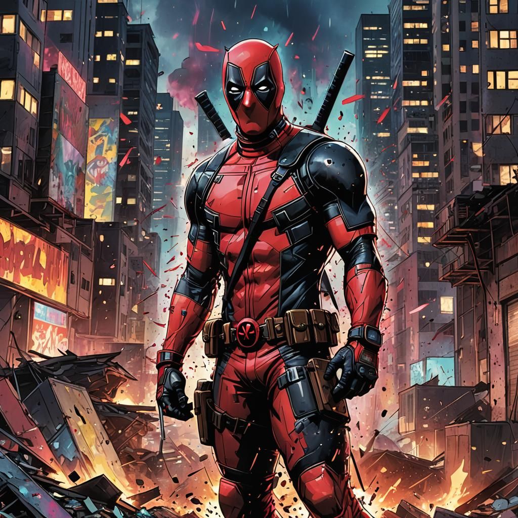 Deadpool Illustration in Explosive Cityscape