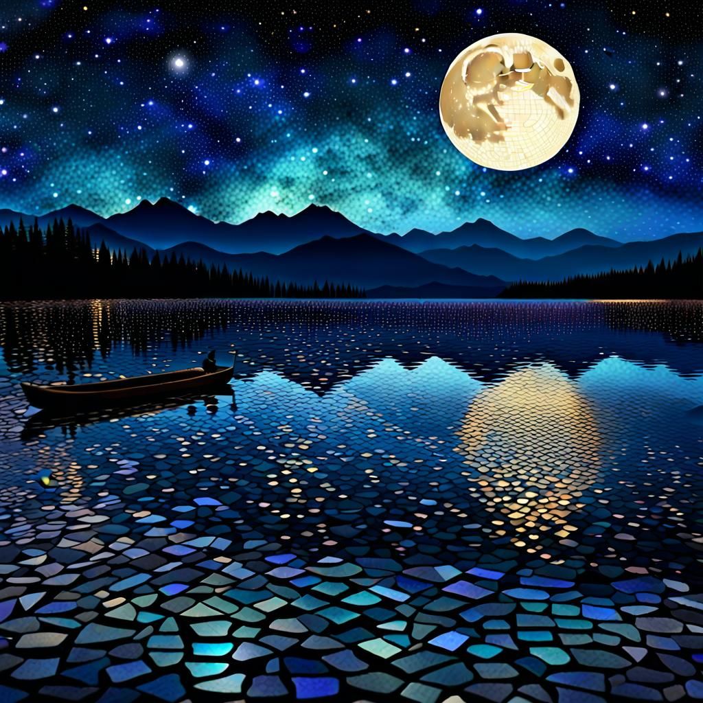 Moonlit Mosaic Lake Under Starry Skies