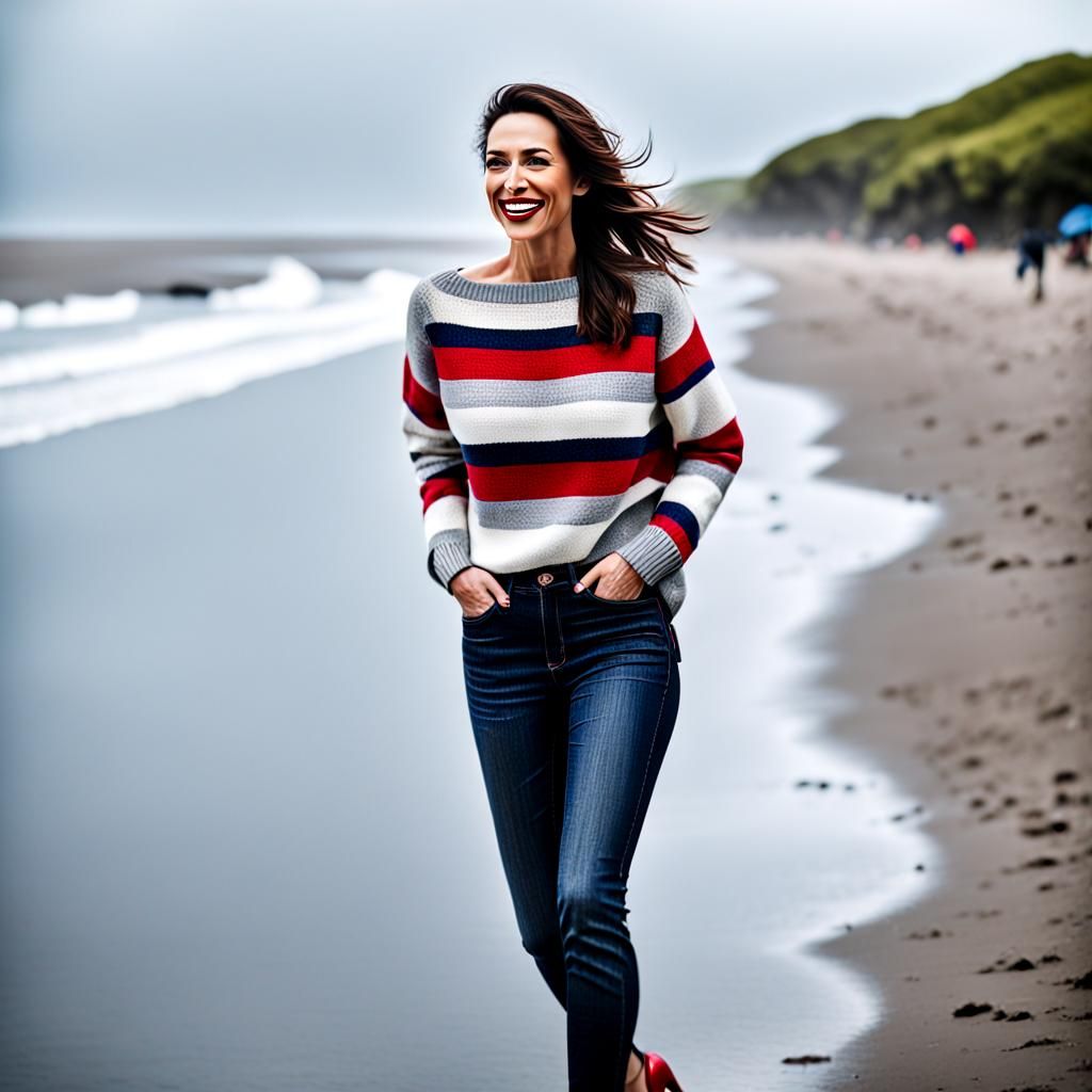 Woman Enjoys Rainy Beach Walk in Wet Clothes