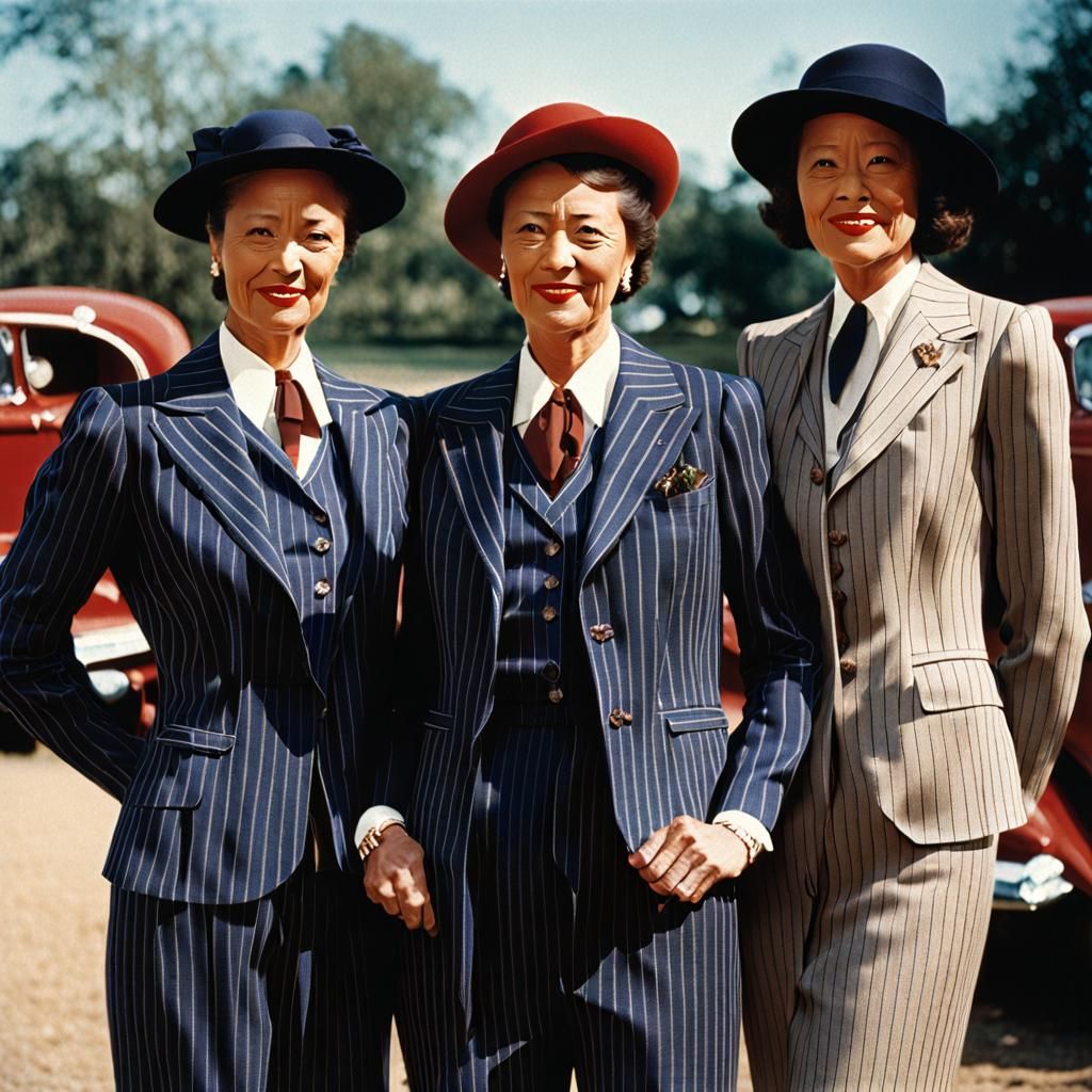 Three Women in Colorful Pinstripe Suits