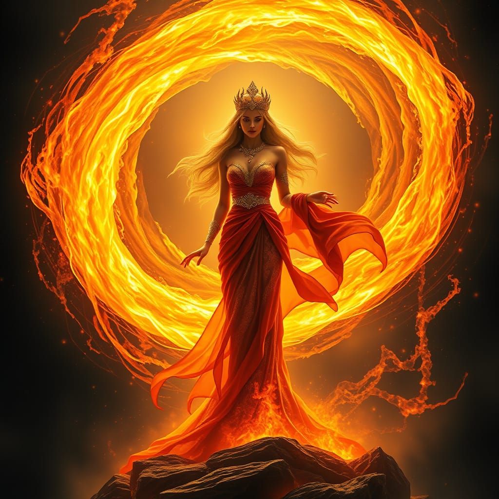 Golden Flame Goddess in a Whimsical, Surreal Landscape