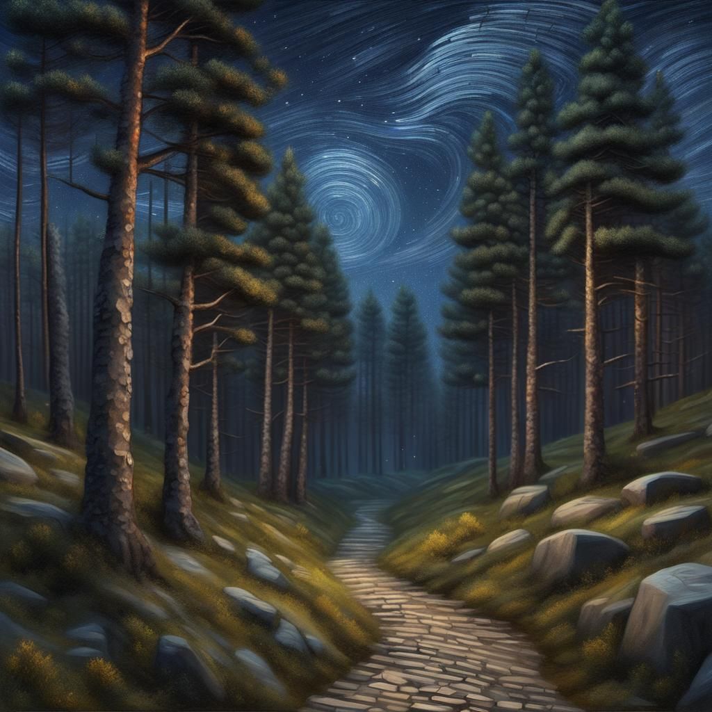 Dark Pine Forest, Streaking Starry Night Skies, Meandering S...