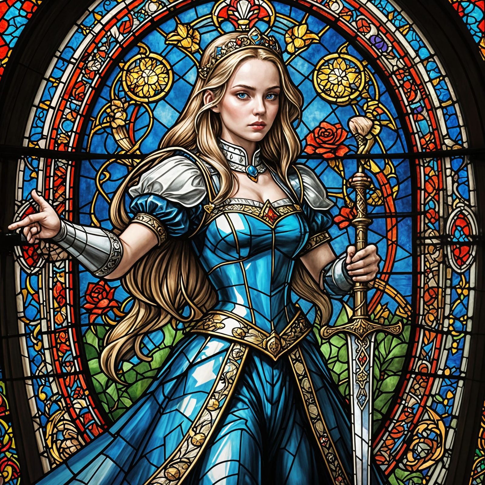 Medieval Warrior Alice in Gothic Stained Glass