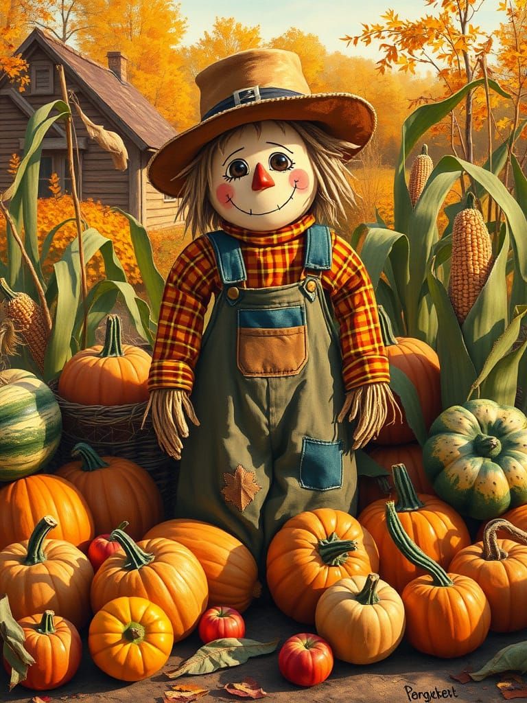 Whimsical Scarecrow in Golden Autumn Harvest
