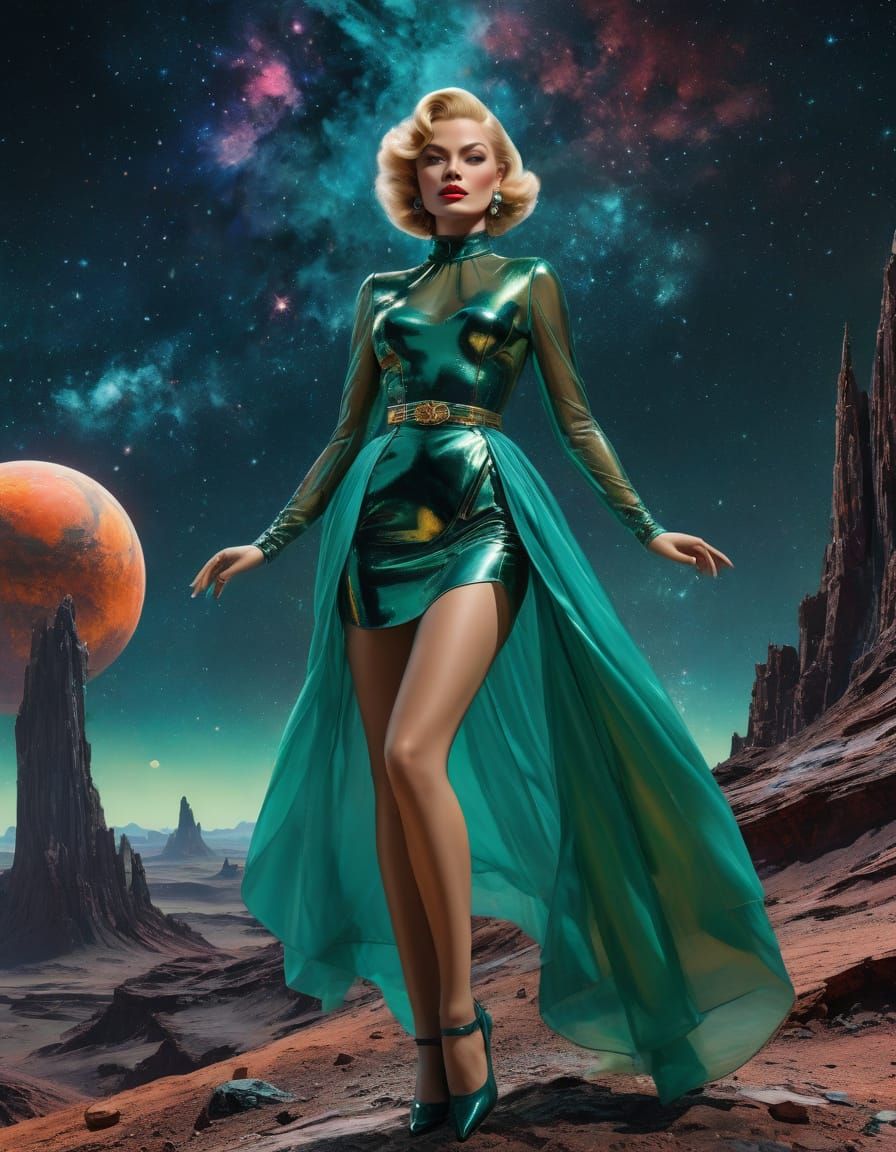 Glamour Woman on Alien Planet in 1950s Sci-Fi Style