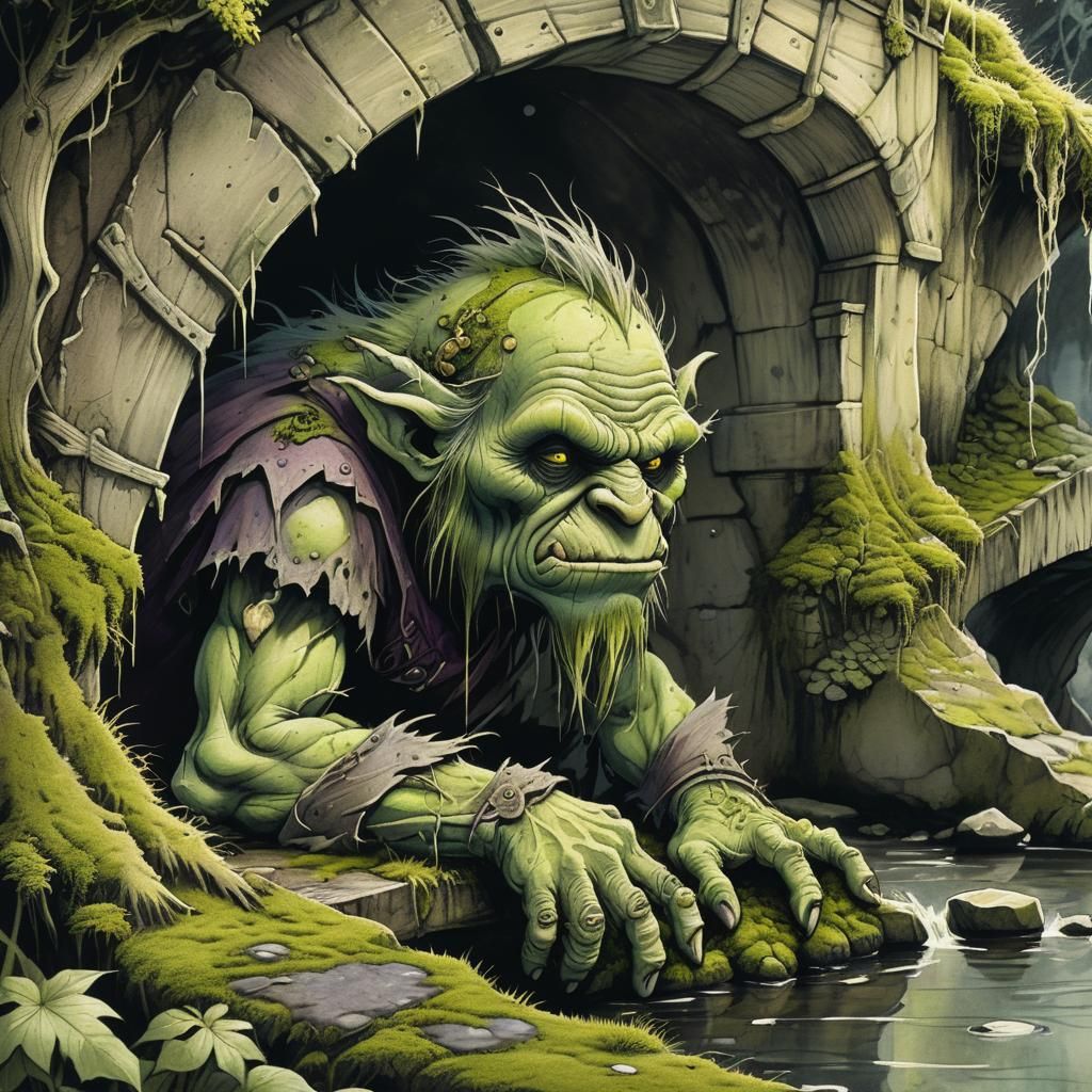 Grotesque Troll Lurking Under Mossy Bridge