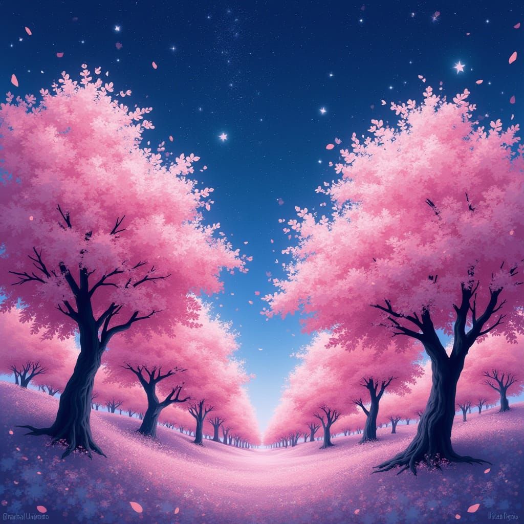 Sakura Trees Bloom Under Twinkling Celestial Canvas