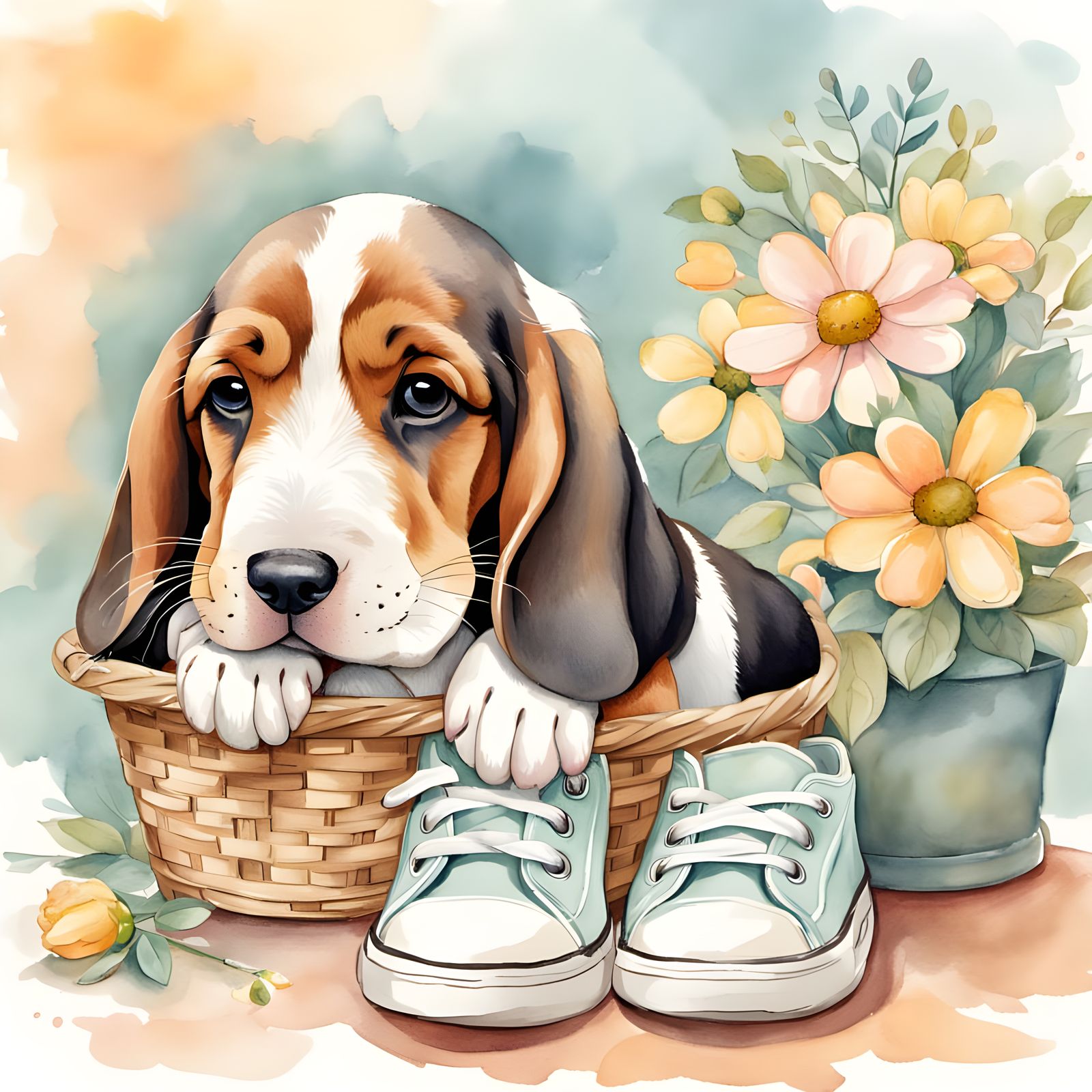 Adorable Basset Hound Puppy Resting Head on Sneaker
