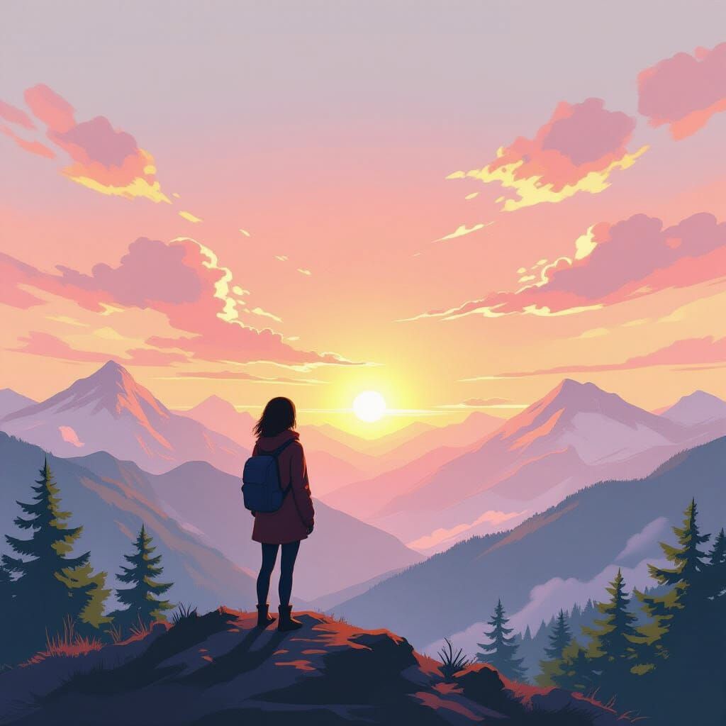 Woman Gazing at Sunrise in Watercolor Style