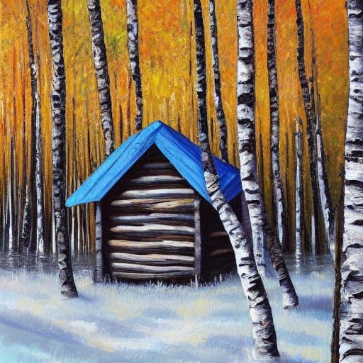 Cozy Hut in Birch Grove Golden Hour Oil Painting