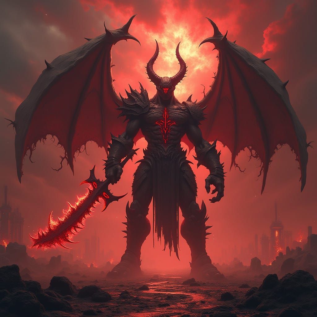 Hyper-Realistic Aatrox, the World Ender, standing tall on a...
