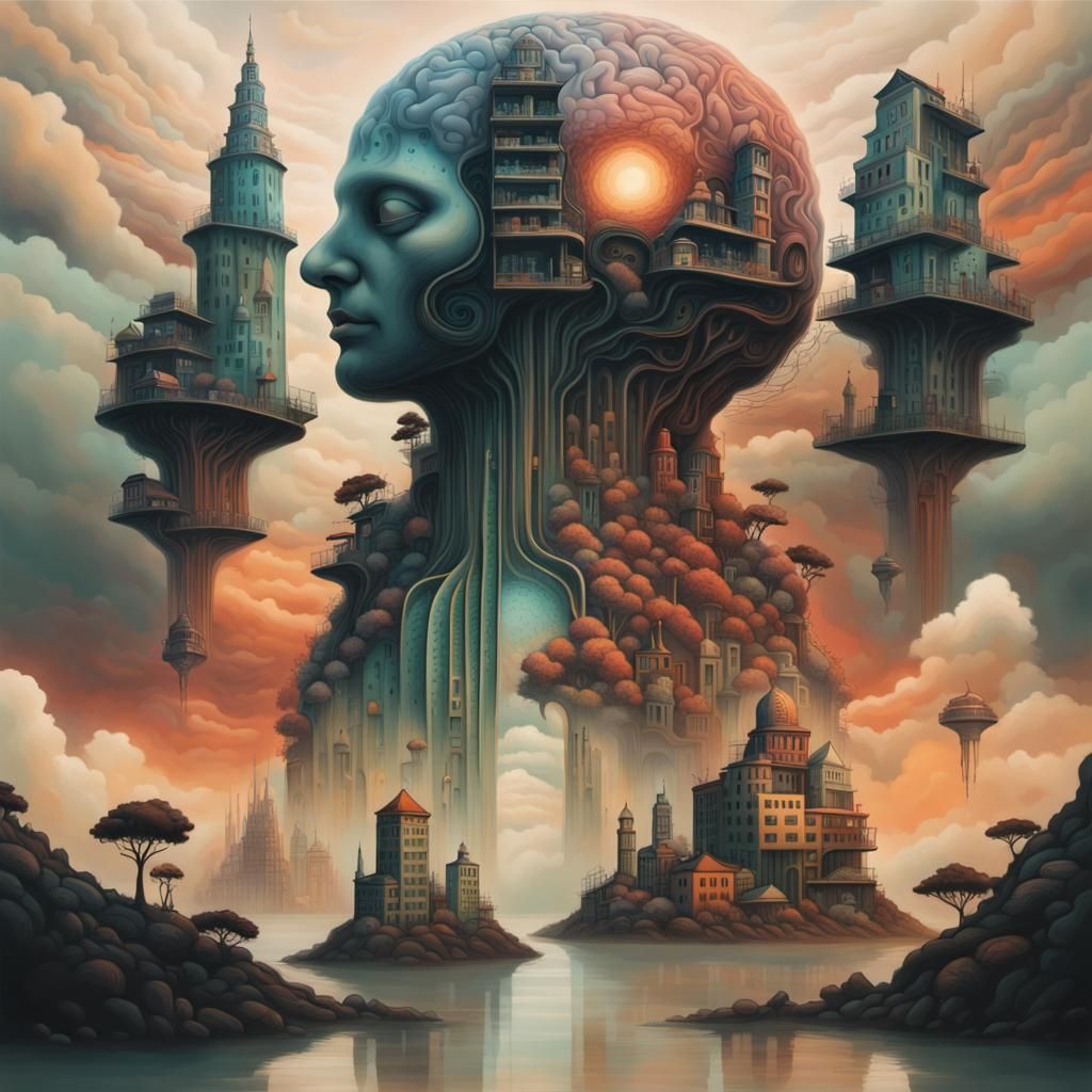 Cybernetic Brain City in Psychedelic Art Style