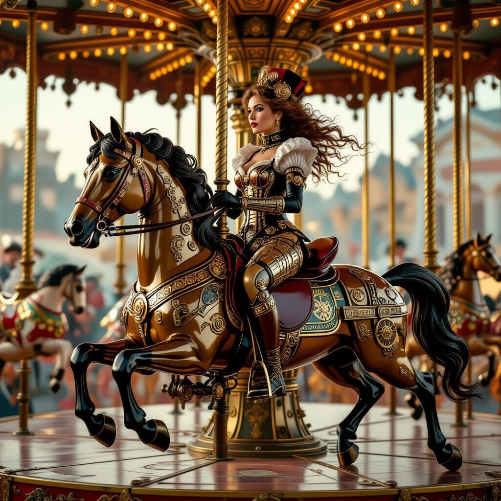 Steampunk Woman Rides Clockwork Horse in Gaslit Victorian Sc...