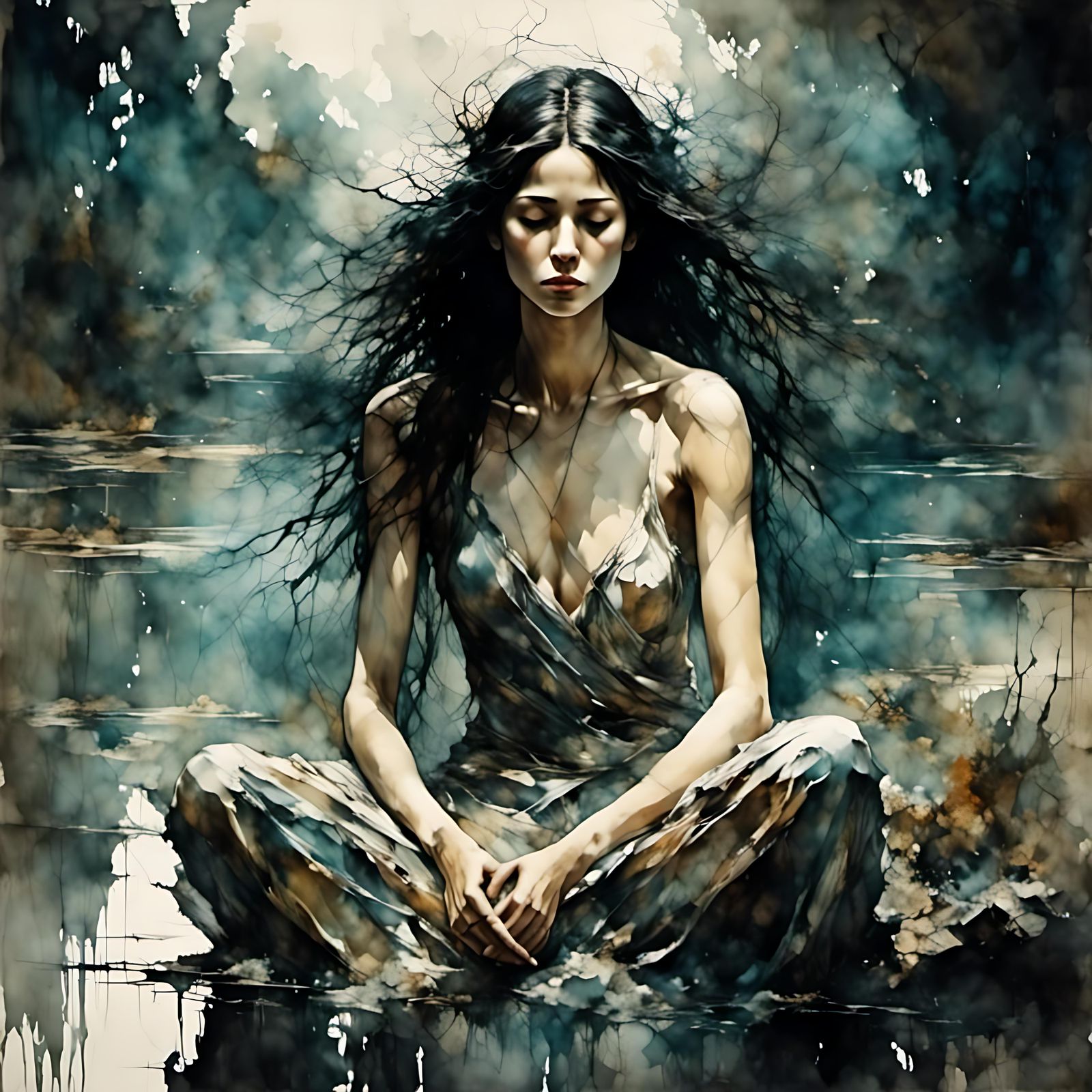 Pensive Dreamer by River in Abstract Style