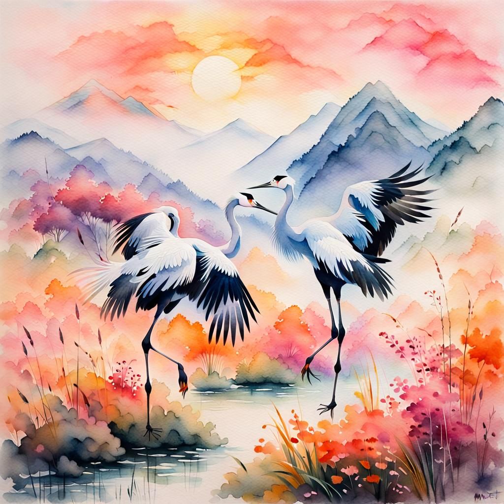 Chinese Cranes Dancing in Watercolor Meadow