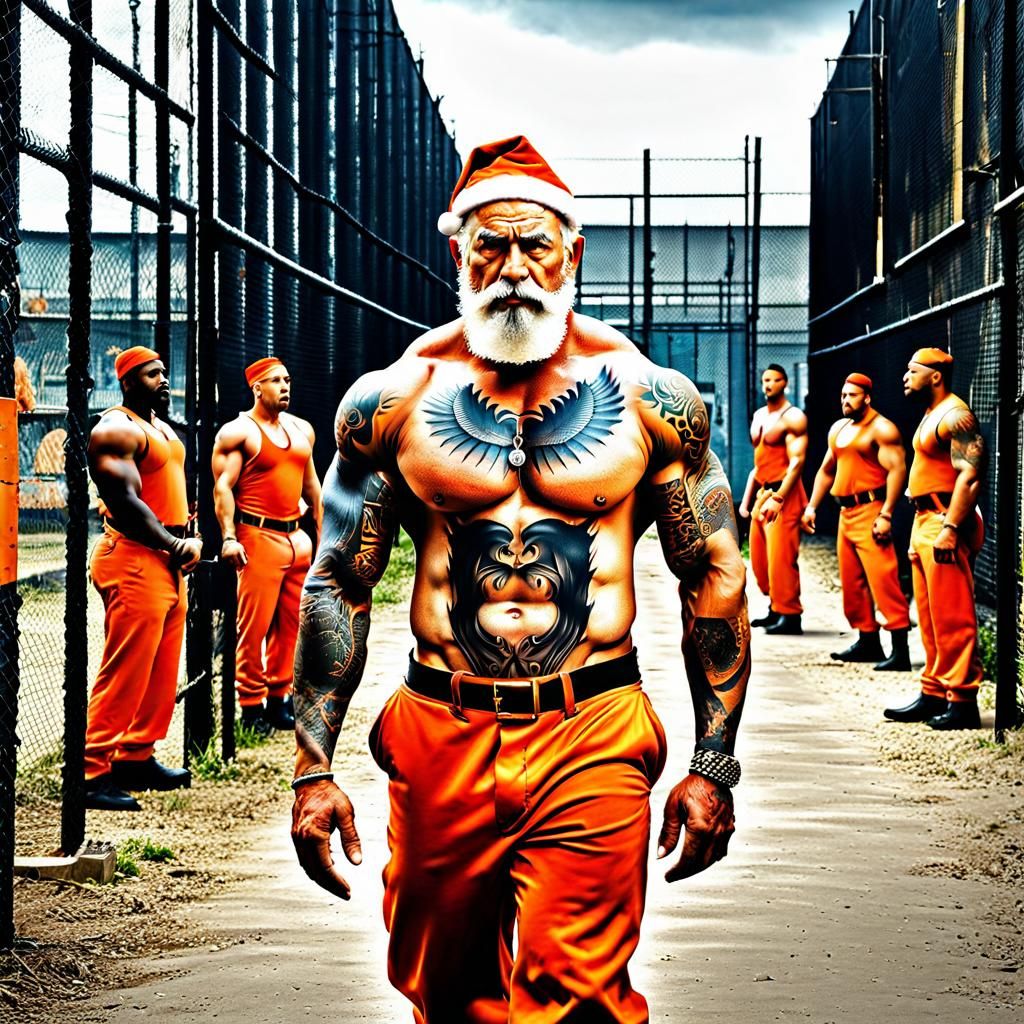 Muscular Tattooed Santa Claus Struts Through Prison Yard