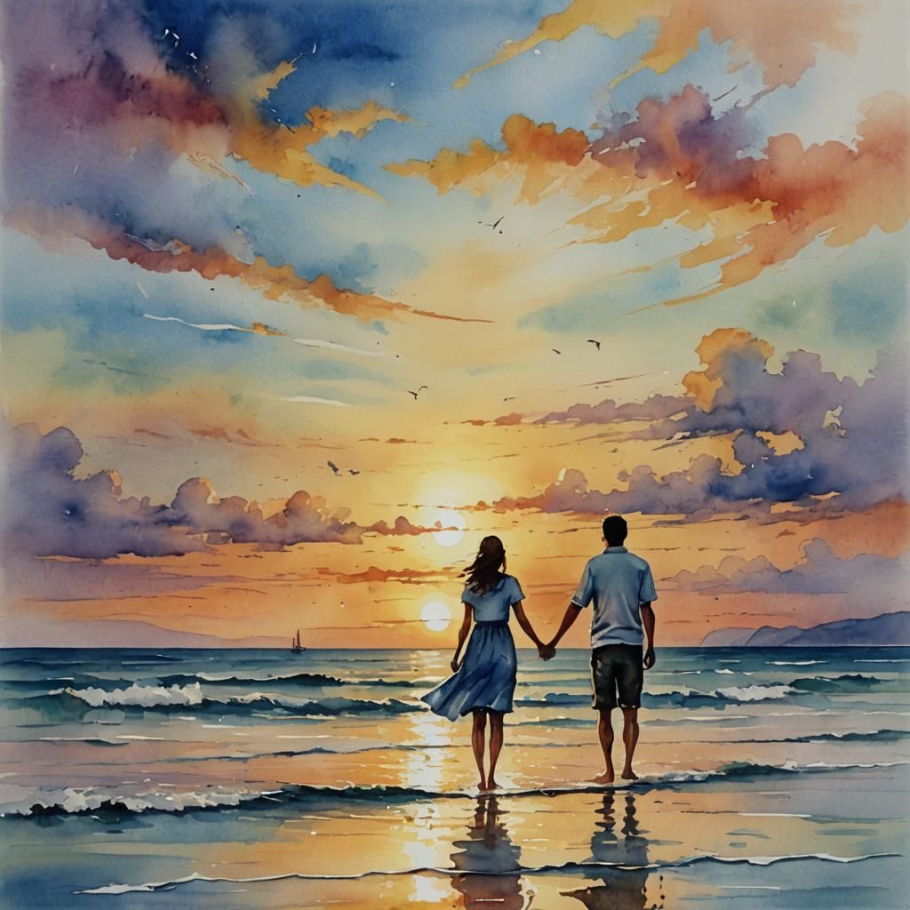 Touching Watercolor Painting of Couple at Sunset