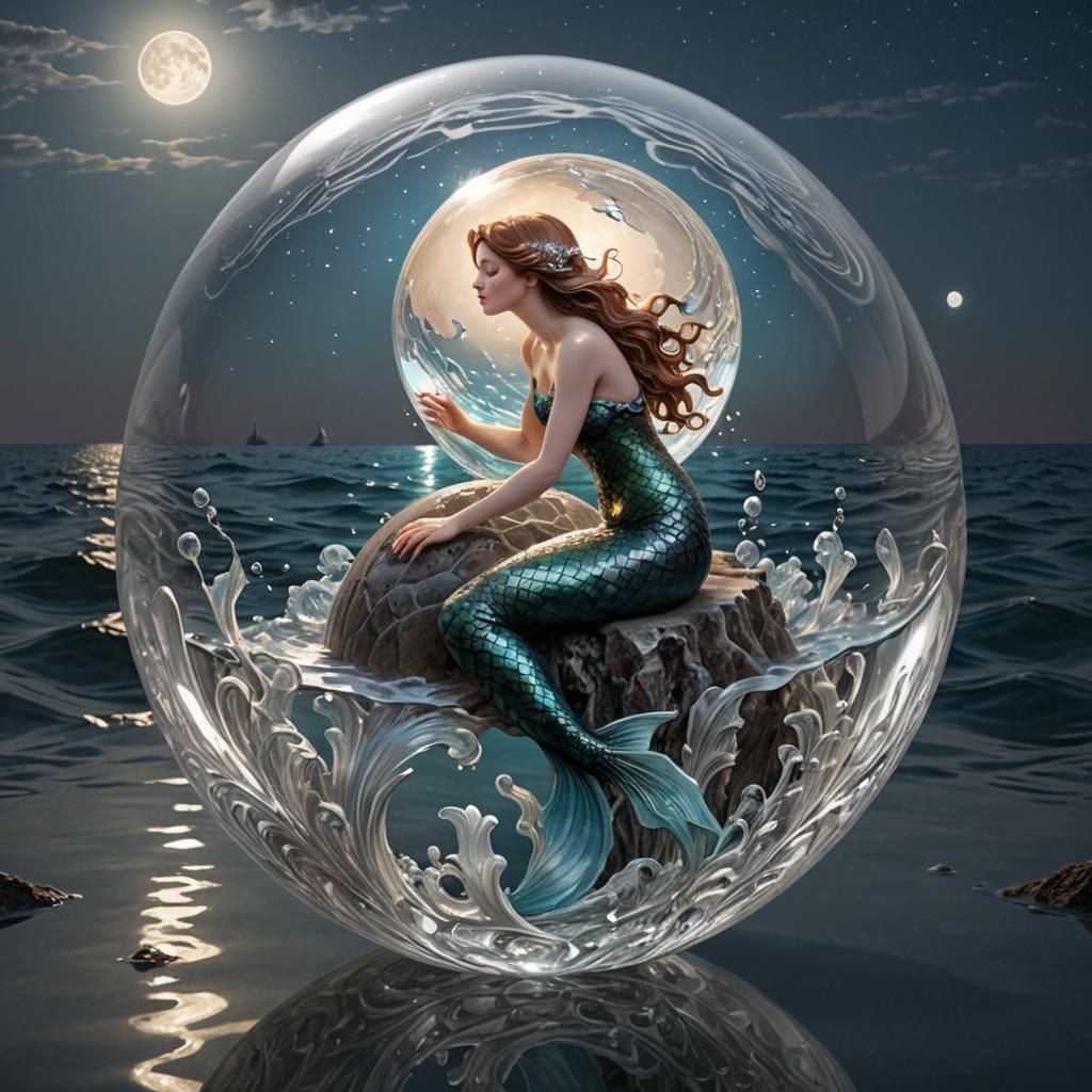 Mermaid in Crystal Ball in Impressionist Style