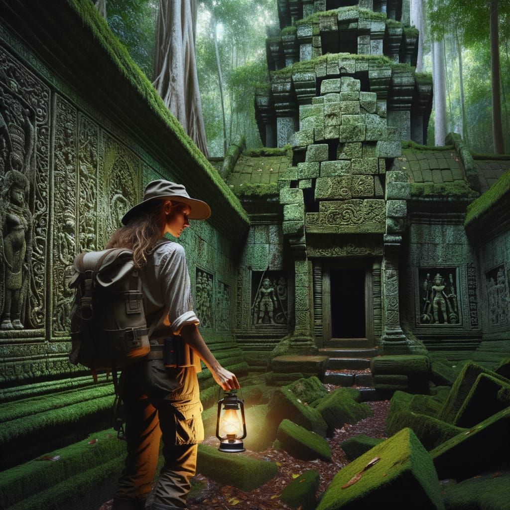 Female Explorer Enters Ancient Temple in Rainforest