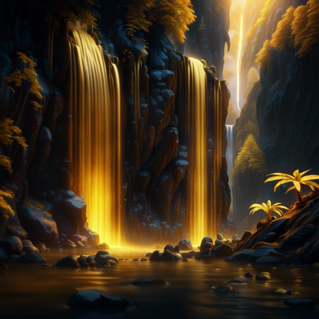 Golden Waterfall in Fantasy Landscape Art