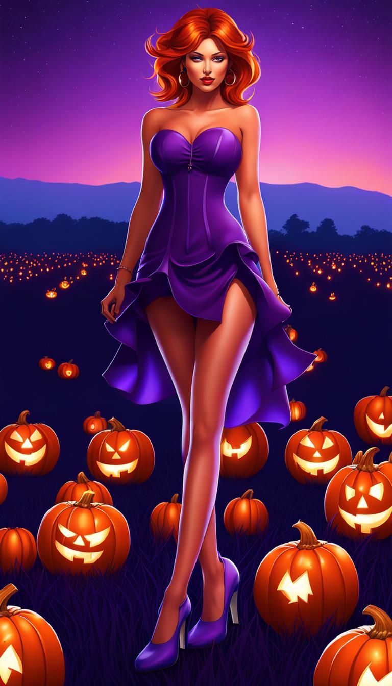 Copper Haired Woman in Jack O'Lantern Field