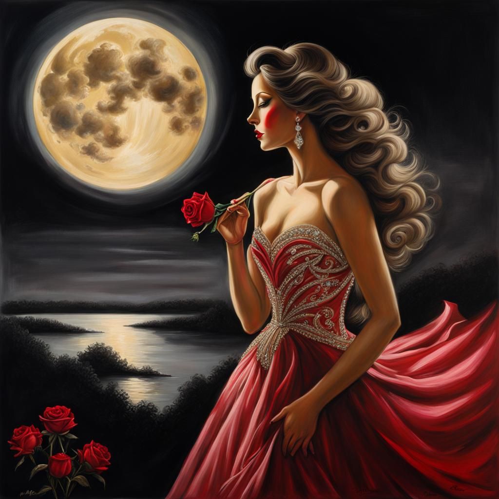 Elegant Woman Under Moonlight: Realistic Charcoal Drawing