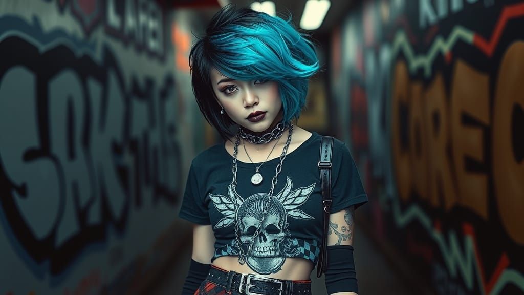 Edgy Punk Girl with Electric Cyan Hair in Urban Setting