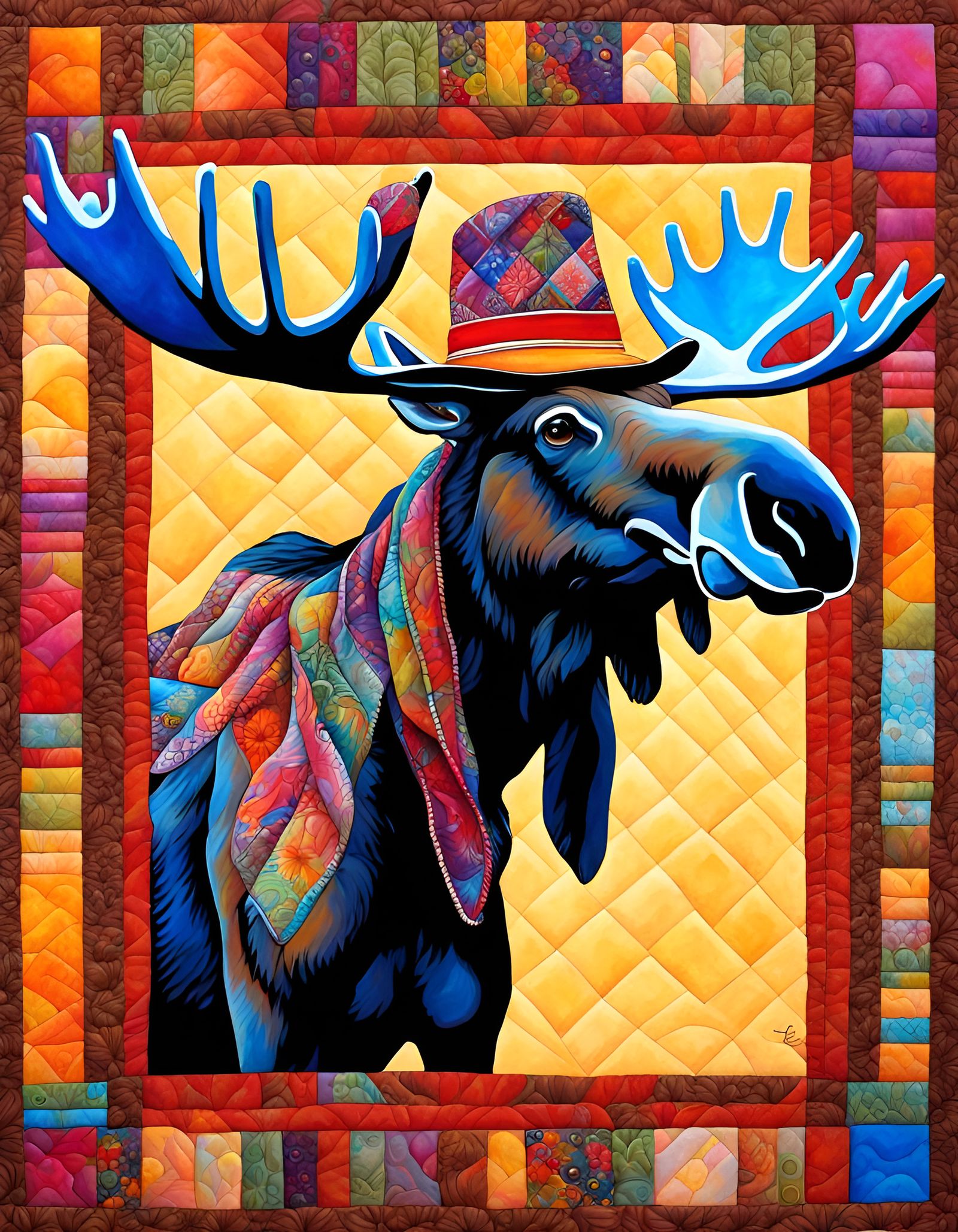 Moose with Hat in Detailed Fabric Quilt Style