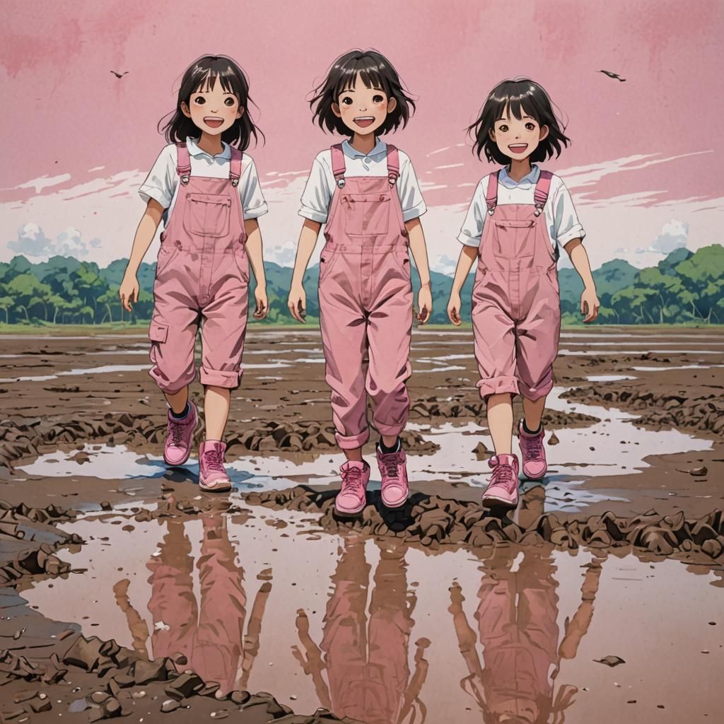 Anime Girls in Mudflat with Vibrant Colors