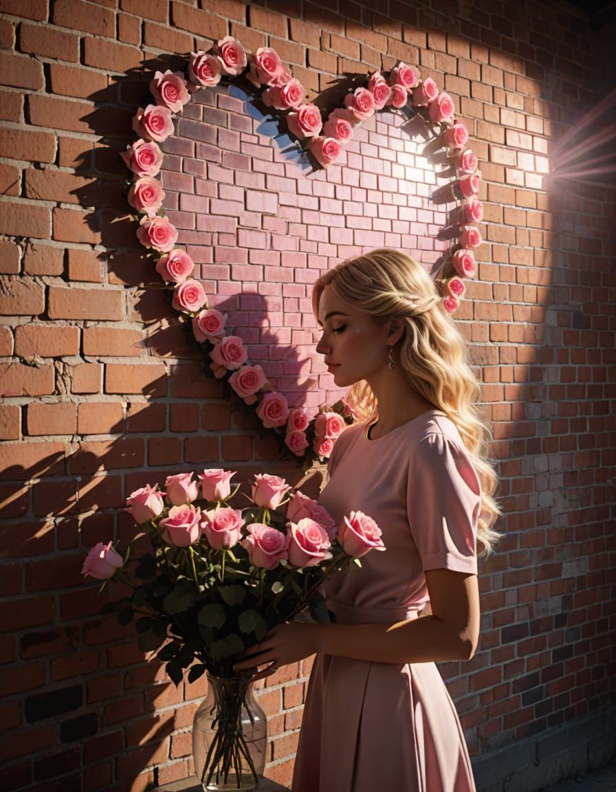 Double Exposure: Heart-Shaped Sunlight Amidst Pink Roses and...