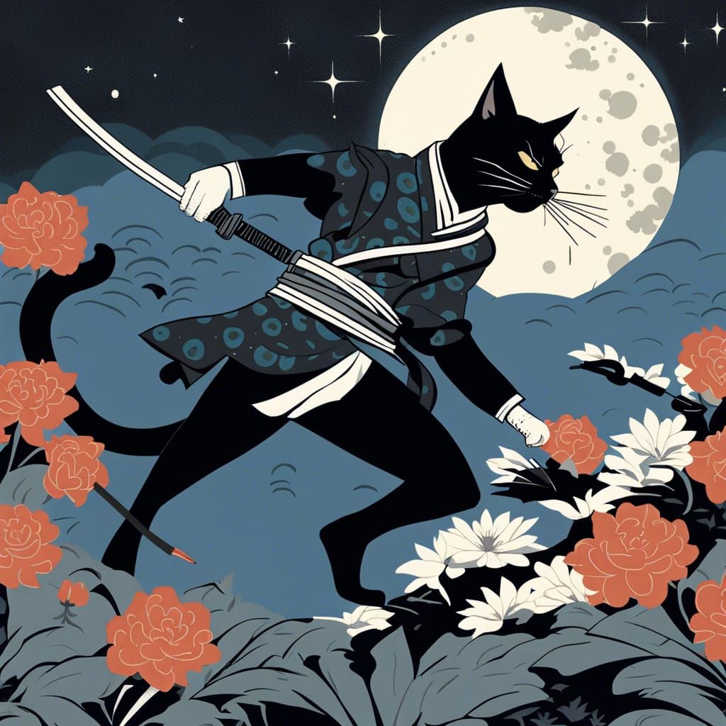 Ninja Cat Leaping in Moonlight: Ukiyo-e Illustration