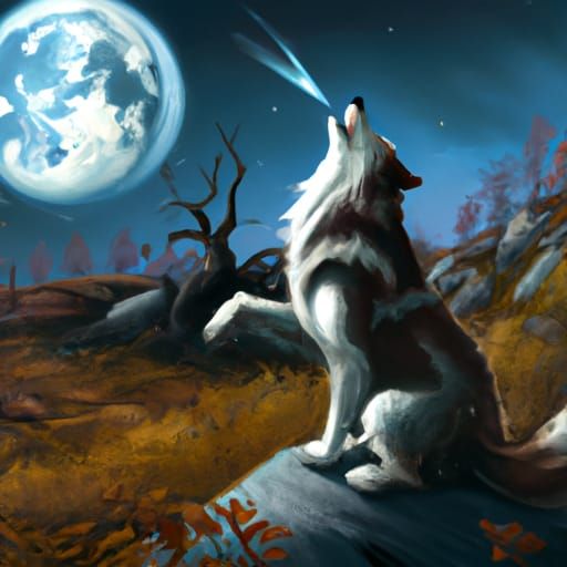Lobo canadiense aullando a la luna llena