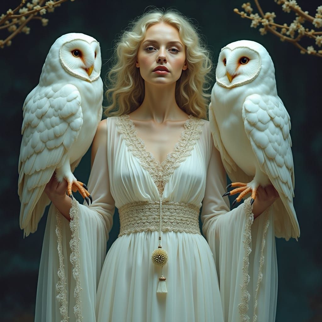 Mystical Woman with Owls in Northern Renaissance Style