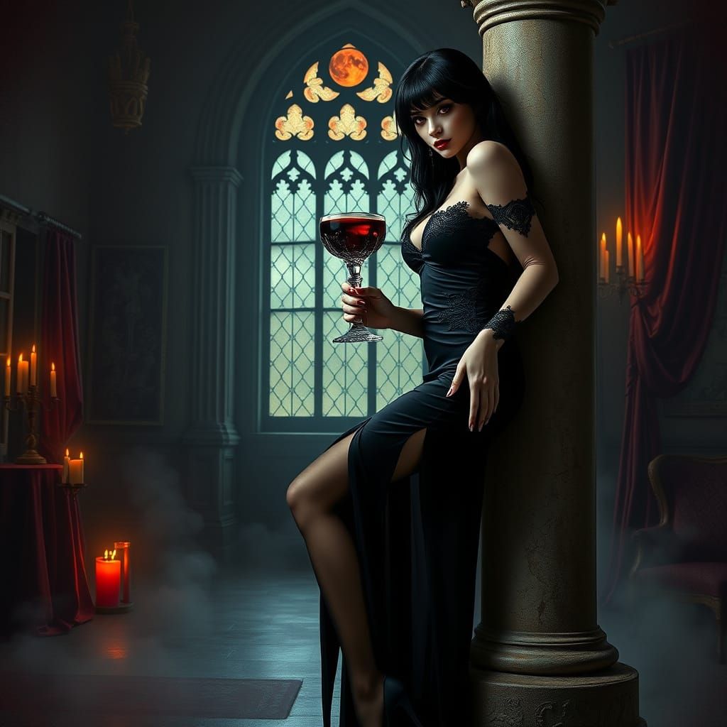 Gothic Vampire Goddess in a Haunting Castle Scene