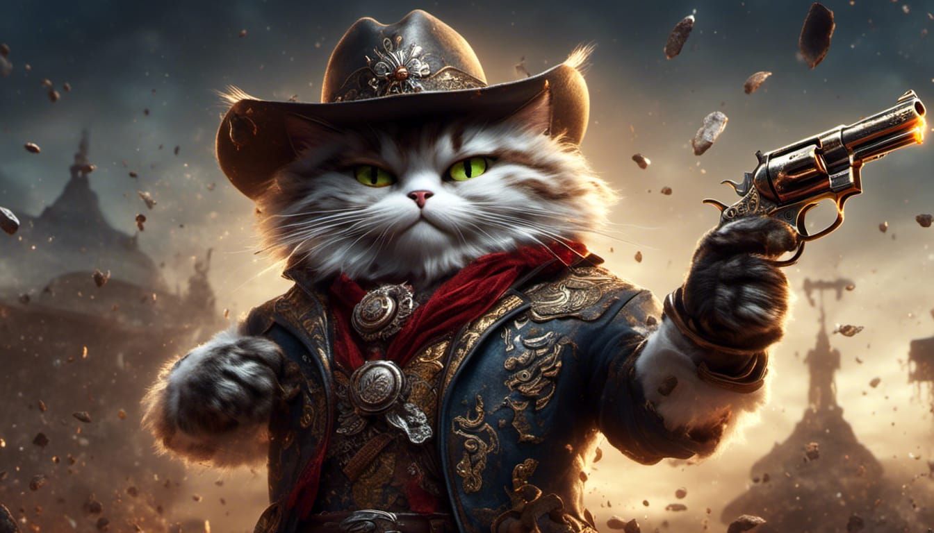 Hyperreal Cowboy Cat with Revolvers in Matte Painting Style