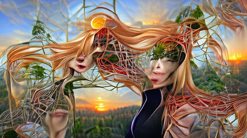 Sunset Human-Vine Hybrid in Forest: Fashion Art