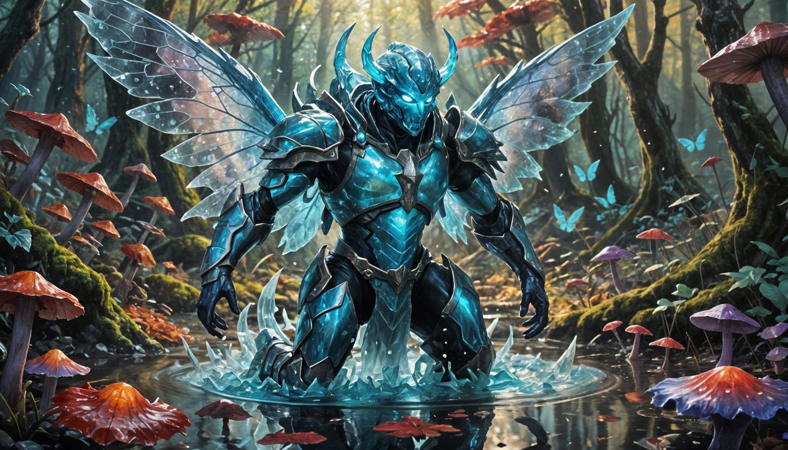 Glowing Water Elemental Guardian in Autumn Forest